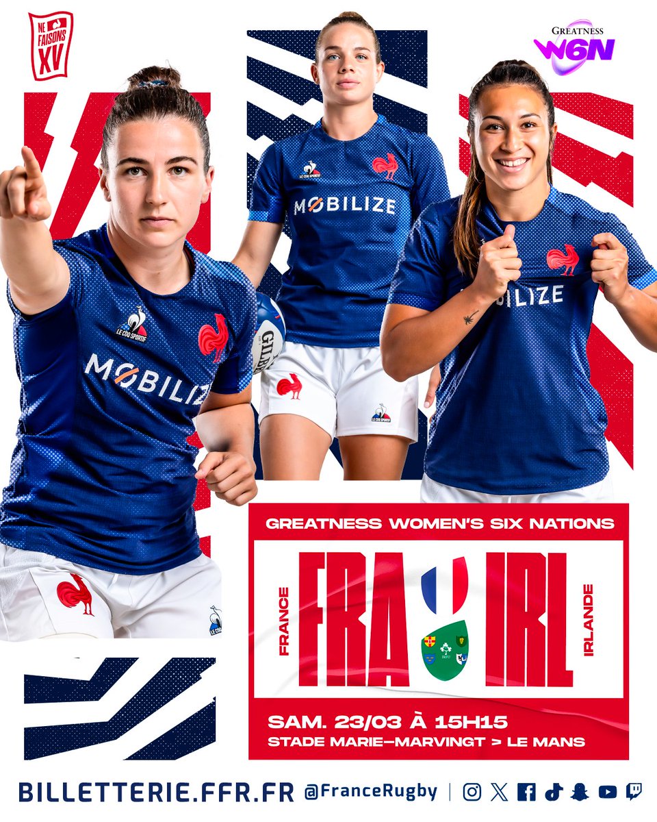 🇫🇷🆚🍀 𝐉𝐎𝐔𝐑 𝐃𝐄 𝐌𝐀𝐓𝐂𝐇 !
  
Lancement du <a href="/Womens6Nations/">Guinness Women's Six Nations</a>, 𝒂𝒍𝒍𝒆𝒛 𝒍𝒆𝒔 𝑩𝒍𝒆𝒖𝒆𝒔 !
🎟️Venez les encourager 👉 bit.ly/SixNationsFemi…
 
#FRAIRL #XVdeFrance #NeFaisonsXV