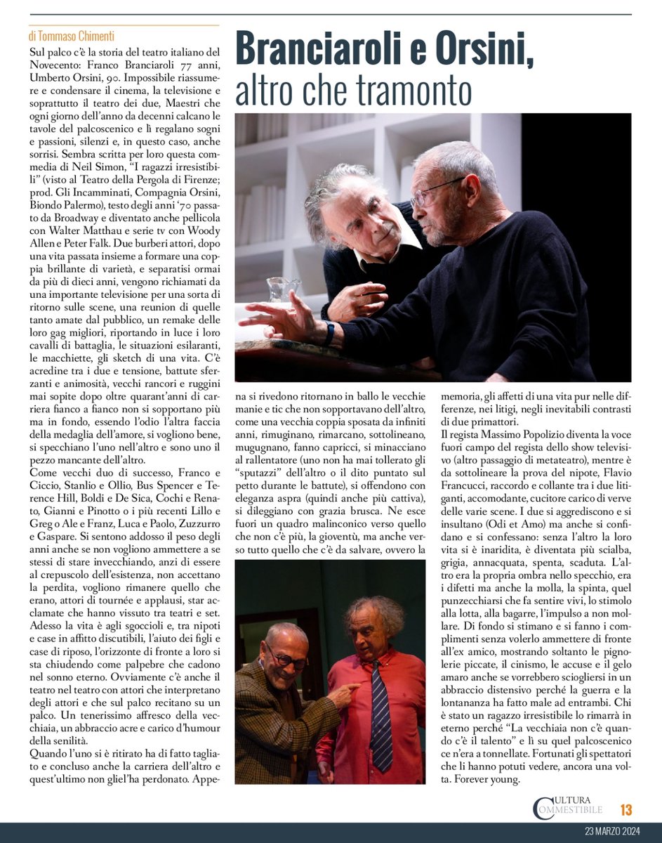 Recensione di 'I ragazzi irresistibili', Franco Branciaroli e Umberto Orsini, Teatro della Pergola #iragazziirresistibili #tommasochimenti #recensione #culturacommestibile @PergolaFirenze #firenze #umbertoorsini #francobranciaroli #criticateatrale