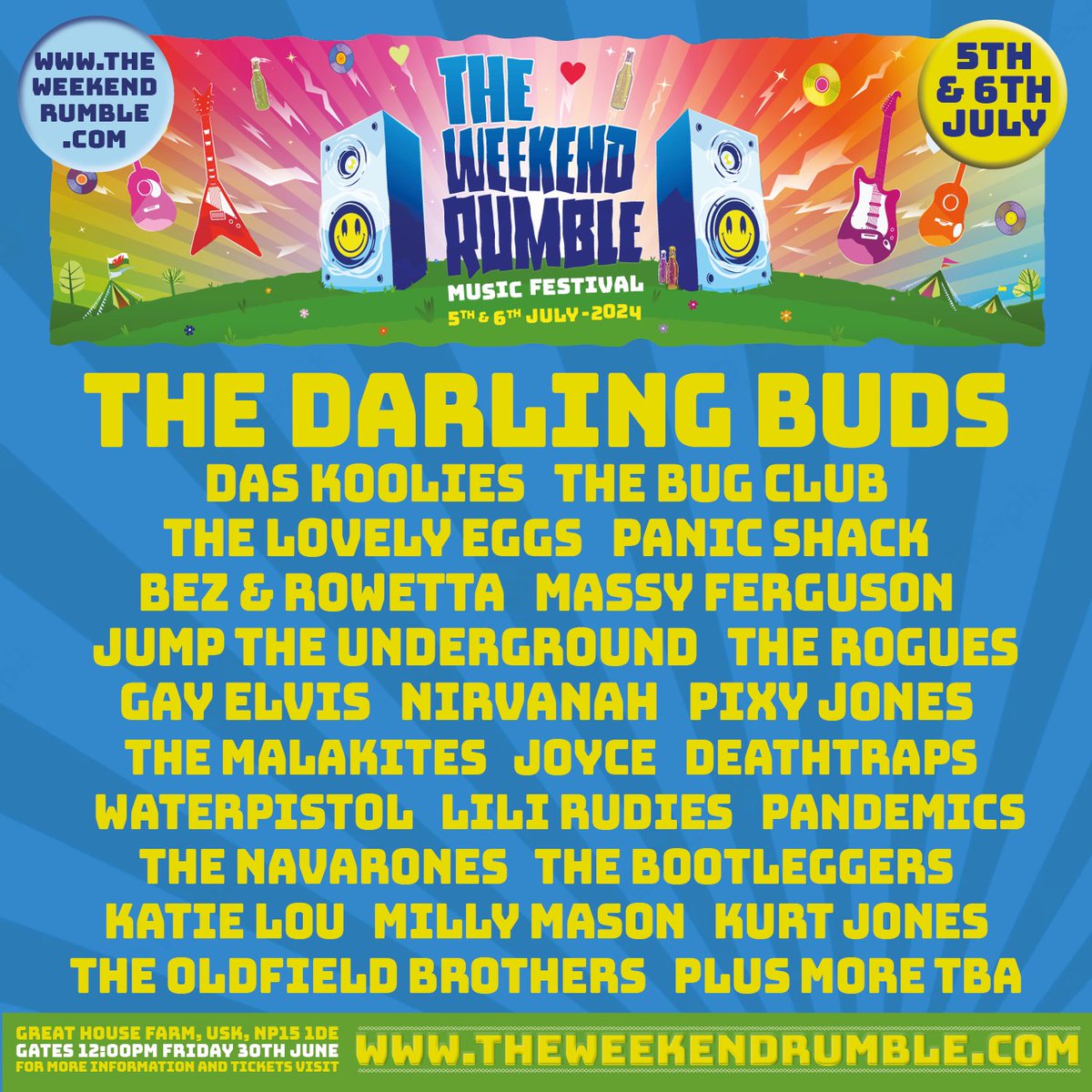 'The Weekend Rumble is an independent music festival weekend held in the beautiful countryside of Usk, South Wales, 5th & 6th July 2024. Join us for some great food, great views, great music, top dancing and glamourous barn based fun. Grab your tickets at theweekendrumble.com'