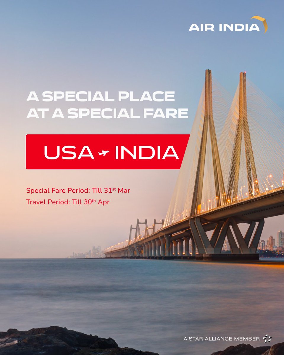 Indulge in India's spectrum of colours, exquisite tastes, and rich heritage with exclusive fares from the USA! Book your adventure before March 31st and fly for just $399.50.

Here is the link to book your trip: bit.ly/3VlGPUD

#FlyAI #AirIndia #USA #DiscoverIndia
