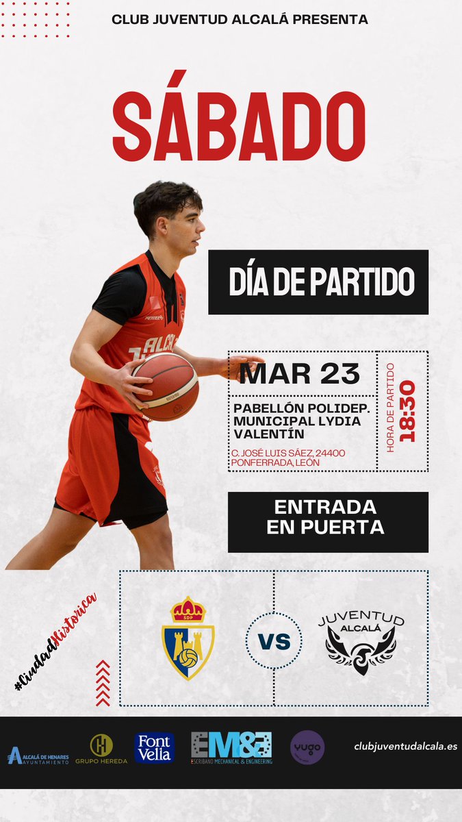 Club Juventud Alcalá (@cjuventudalcala) on Twitter photo Otra final más ⚔️
Aquí vamos, <a href="/cjuventudalcala/">Club Juventud Alcalá</a>
🆚 <a href="/baloncestoSDP/">Clínica Ponferrada SDP</a>
🗓 23/03
🕡 18:30
🏟 Polideportivo Municipal Lydia Valentín
🎟 Acceso en puerta
📺 Canal FEB
#CiudadHistorica Otra final más ⚔️
Aquí vamos, <a href="/cjuventudalcala/">Club Juventud Alcalá</a>
🆚 <a href="/baloncestoSDP/">Clínica Ponferrada SDP</a>
🗓 23/03
🕡 18:30
🏟 Polideportivo Municipal Lydia Valentín
🎟 Acceso en puerta
📺 Canal FEB
#CiudadHistorica