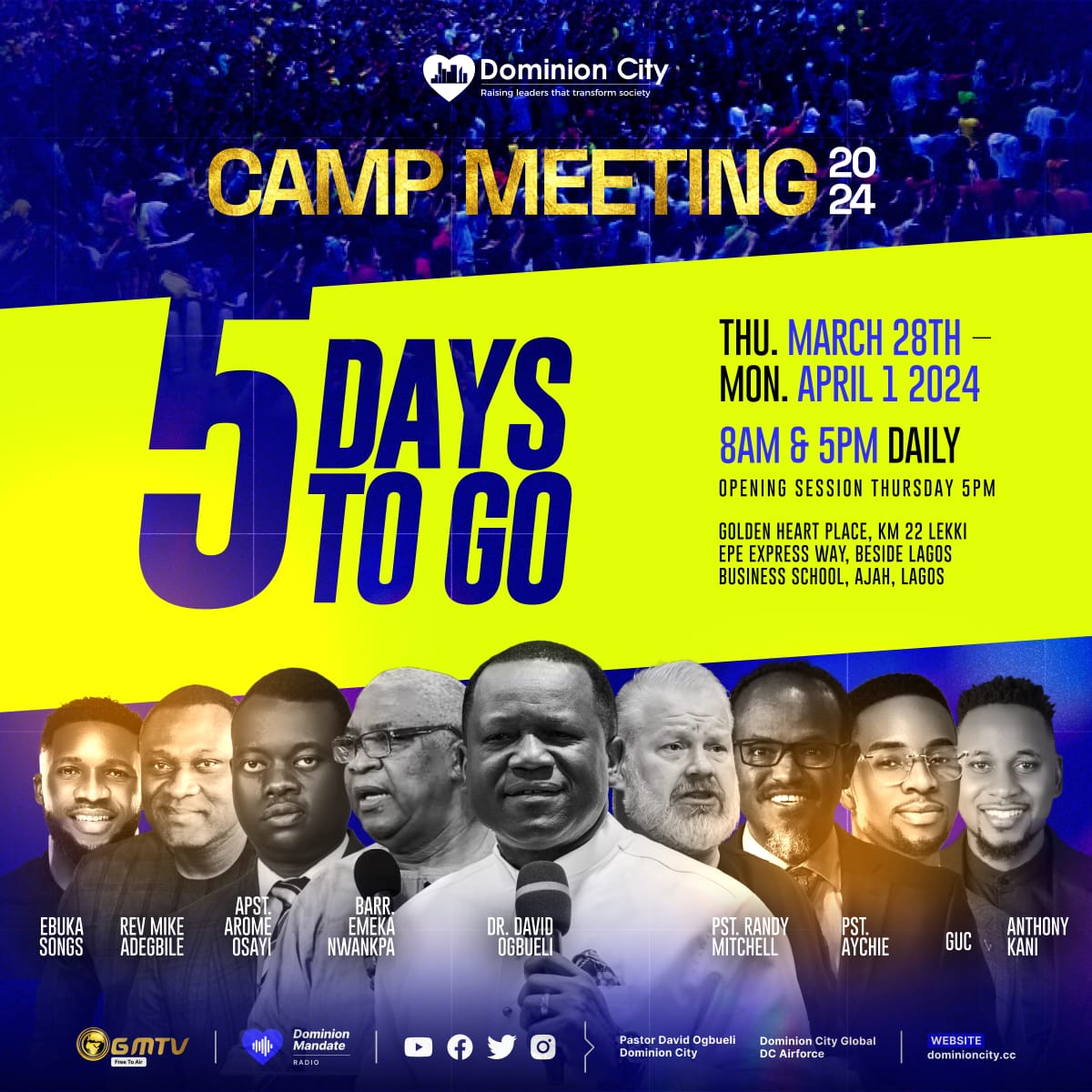Pastor David Ogbueli (@pstdavidogbueli) on Twitter photo Final countdown activated! Its Camp Meeting 2024.
Register | Pray | Plan | Spread the news.
#Campmeeting2024 #dominioncity #cm2024 #pastordavidogbueli #dominioncity #nightofglory Final countdown activated! Its Camp Meeting 2024.
Register | Pray | Plan | Spread the news.
#Campmeeting2024 #dominioncity #cm2024 #pastordavidogbueli #dominioncity #nightofglory