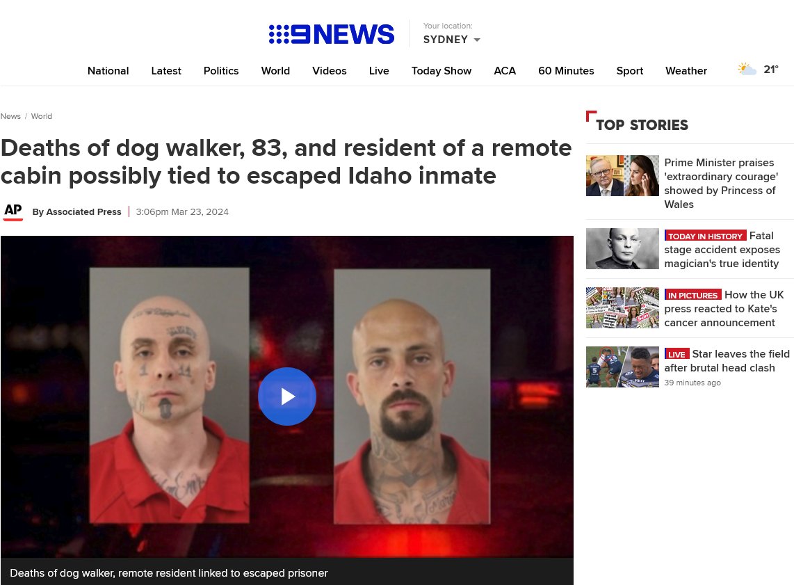 Deaths of dog walker, 83, and resident of a remote cabin possibly tied to escaped Idaho inmate.

#News #Crime #USA #USNews #Idaho #IdahoNews #CrimeWatch