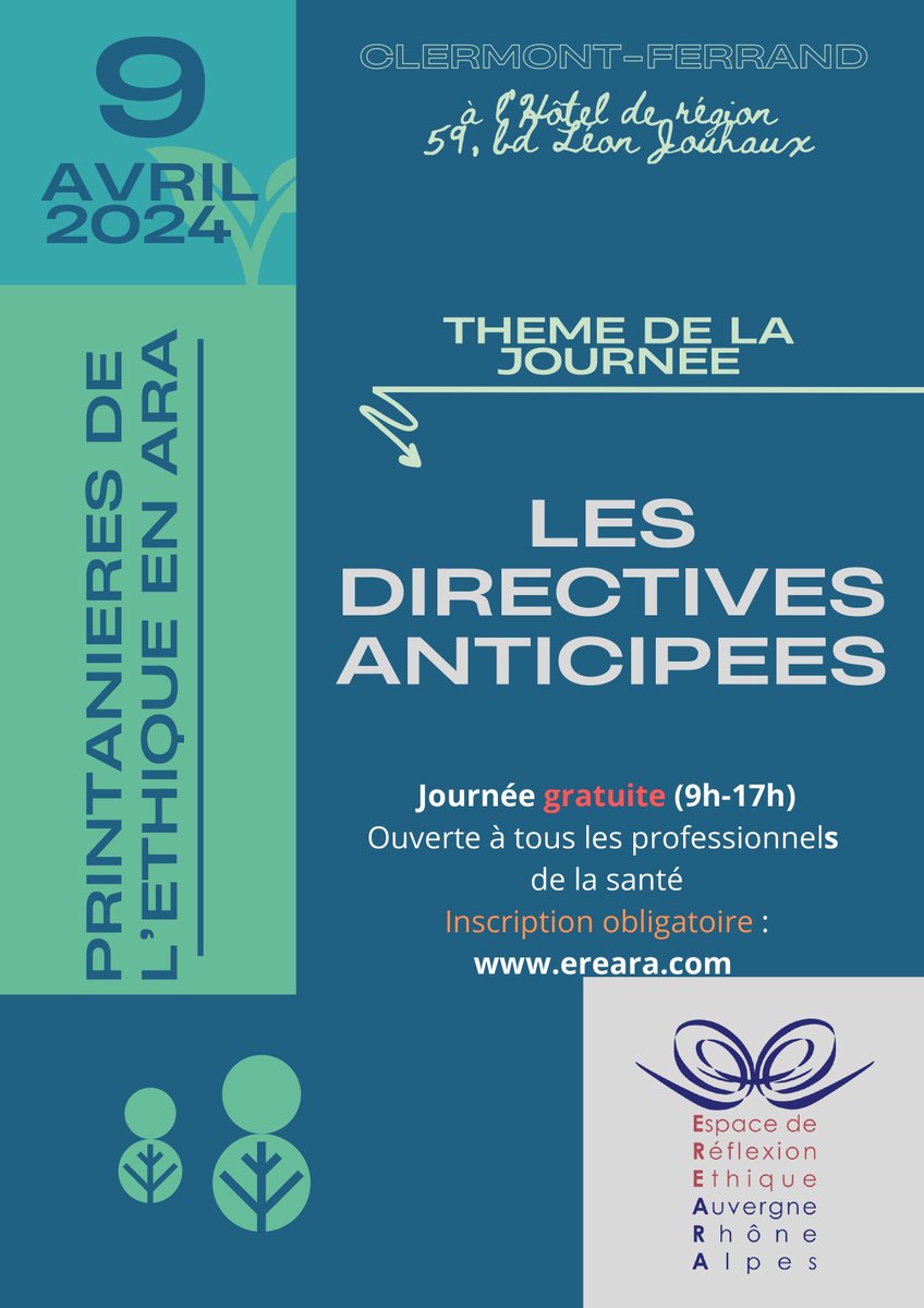 [Évènement]
Rendez-vous le 9 avril prochain à Clermont-Ferrand pour les Printanières de l'éthique en ARA avec pour thème les directives anticipées.
👉 Consultez le programme de cette journée.