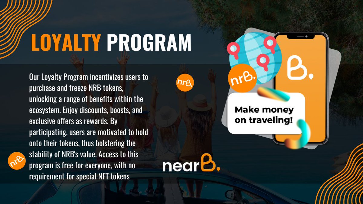 Unlock exclusive benefits by joining our Loyalty Program! Freeze NRB tokens for discounts, boosts, and offers. Holding onto tokens strengthens NRB's value. Free access for all – no special NFT tokens needed! 🌟💰🚀 #NearB #LoyaltyProgram #Travel2Earn  #NRBtoken #travel