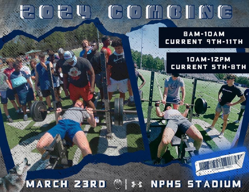 Our 2024 Combine will be held at the North Paulding High School football stadium and fieldhouse Saturday, March 23rd. 8:00-10:00am Current 9th, 10th, 11th Graders 10:00am-12:00pm Current 6th, 7th, 8th Graders Each athlete will lift and test in field events.