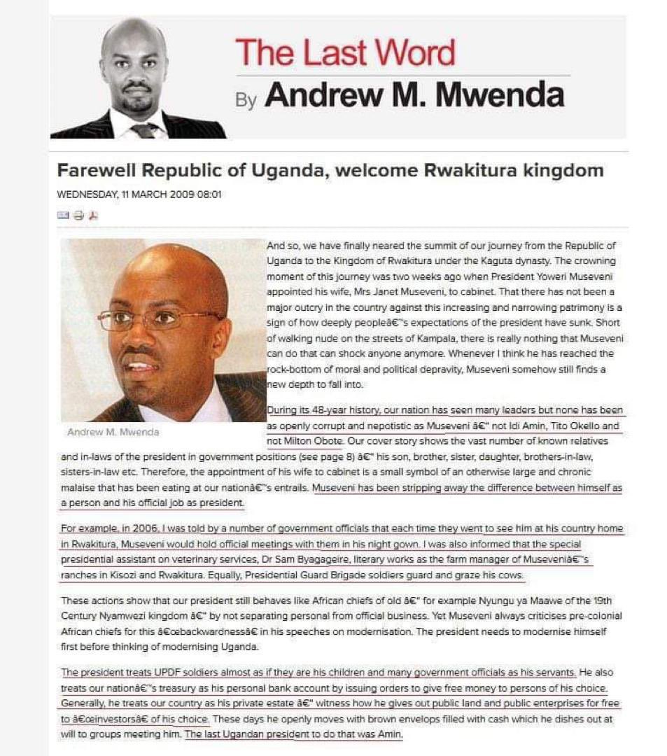 Dr. Bireete Sarah (@sarahbireete) on Twitter photo Today’s most talk shows are about the realization of what <a href="/AndrewMwenda/">Andrew M. Mwenda</a> wrote about on 11th March 2009 - “Farewell Republic of Uganda, Welcome Rwakitura Kingdom”. It’s TIMELESS Today’s most talk shows are about the realization of what <a href="/AndrewMwenda/">Andrew M. Mwenda</a> wrote about on 11th March 2009 - “Farewell Republic of Uganda, Welcome Rwakitura Kingdom”. It’s TIMELESS