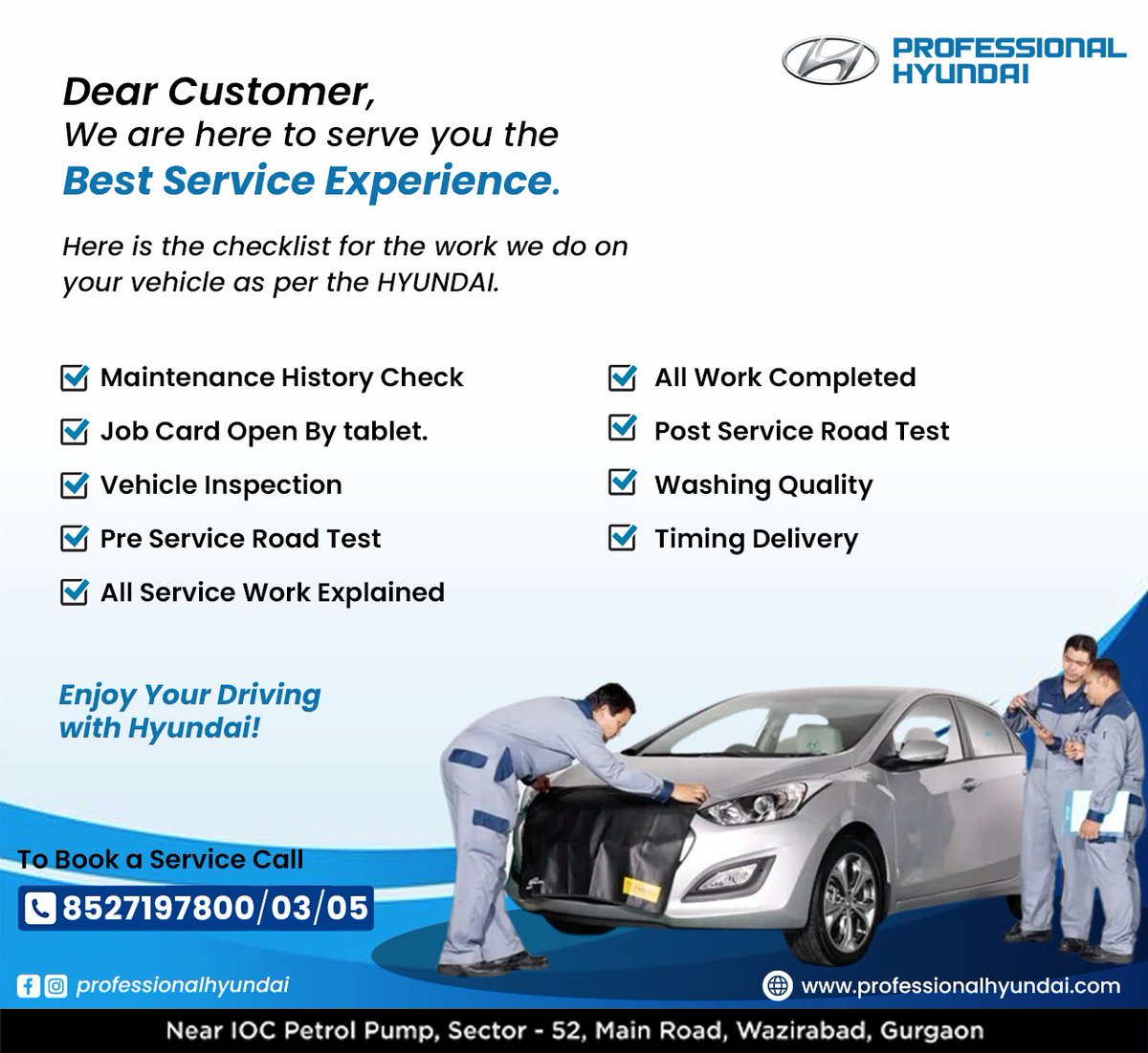 Dear Customer, We are here to serve you the Best Service Experience. Here is the checklist for the work we do on your vehicle as per the HYUNDAI. Book Your Car Service Now !! #HyundaiIndia #hyundaicares #carecare #AisiCareNowhere #HyundaiService #drywash #hyundaiservicecenter