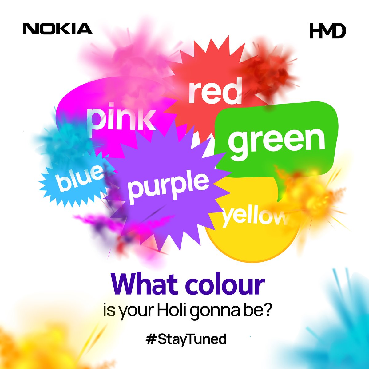 Your favourite colour is going to make your Holi a little extra vibrant this year. #StayTuned to know more. #HoliContest #HappyHoli #HMD #Nokiaphones