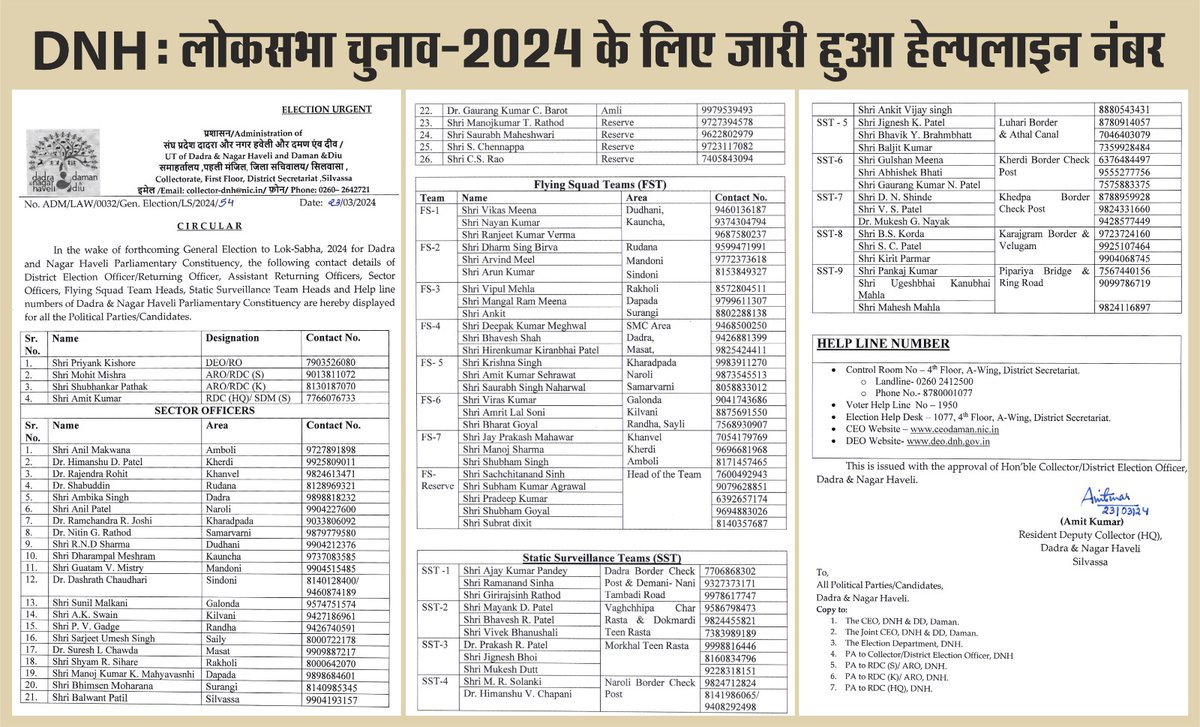 Collector DNH (@collectordnh) on Twitter photo In wake of #LokasabhaElection2024, contact numbers of DEO/RO, ARO, Sector Officers, Head of FST and SST along with the Election Control Room & Voter Help Line is shared herewith for any assistance, guidance or help.
<a href="/ceodamandiu/">CEO, UT of Dadra & Nagar Haveli and Daman & Diu</a>
<a href="/ECISVEEP/">Election Commission of India</a>
#Election2024
#LokSabhaElections2024 In wake of #LokasabhaElection2024, contact numbers of DEO/RO, ARO, Sector Officers, Head of FST and SST along with the Election Control Room & Voter Help Line is shared herewith for any assistance, guidance or help.
<a href="/ceodamandiu/">CEO, UT of Dadra & Nagar Haveli and Daman & Diu</a>
<a href="/ECISVEEP/">Election Commission of India</a>
#Election2024
#LokSabhaElections2024