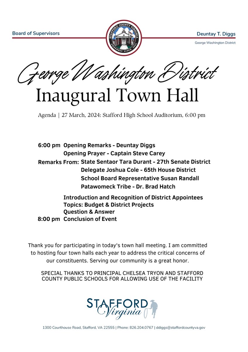 You asked, and here it is: the town hall agenda. Don’t miss out on an informative evening!
#LetsGrowTogether #townhall #staffordcounty #LetYourVoiceBeHeard