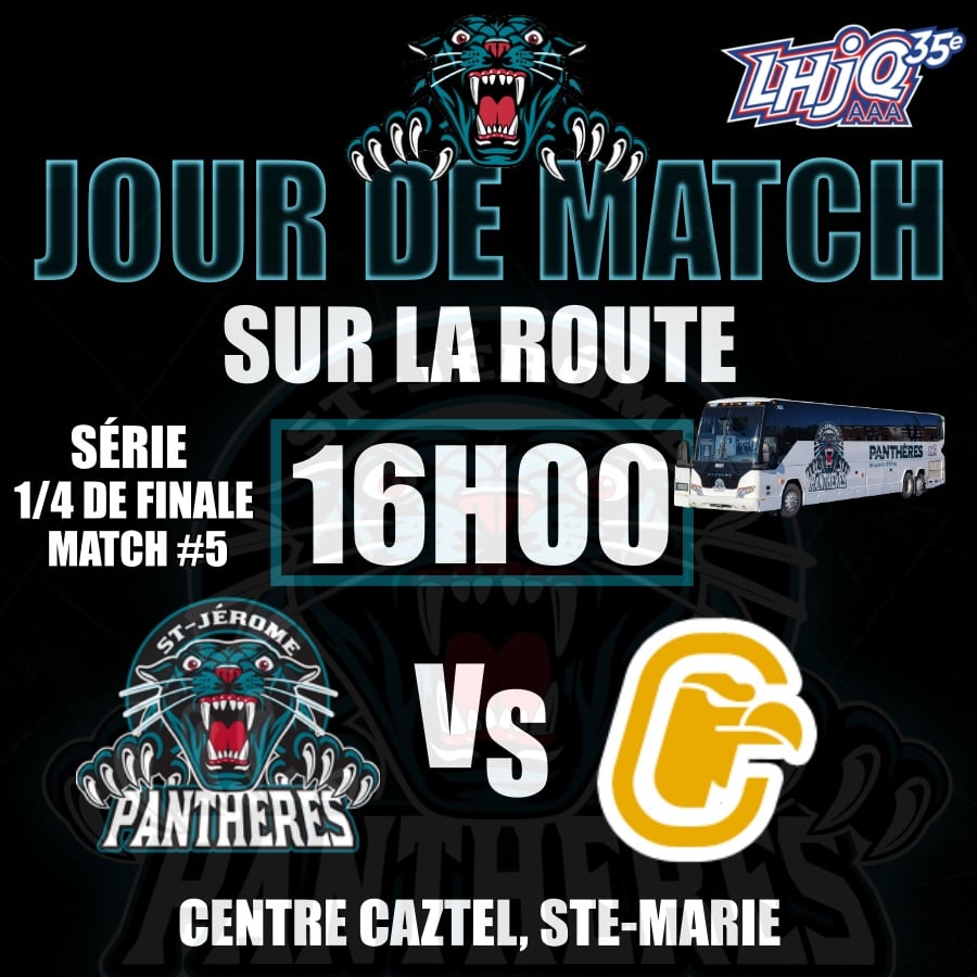 JOUR DE MATCH SUR LA ROUTE / MATCH #5 DES SÉRIES 1/4 DE FINALE 🏒

C'est sans complexe que nos Panthères rendent visite aux Condors du Cégep Beauce-Appalches dès 16h00 au Centre Caztel à Ste-Marie. La série est égale 2-2

GO PANTHÈRES GO !! 💪

#NousSommesEnMission