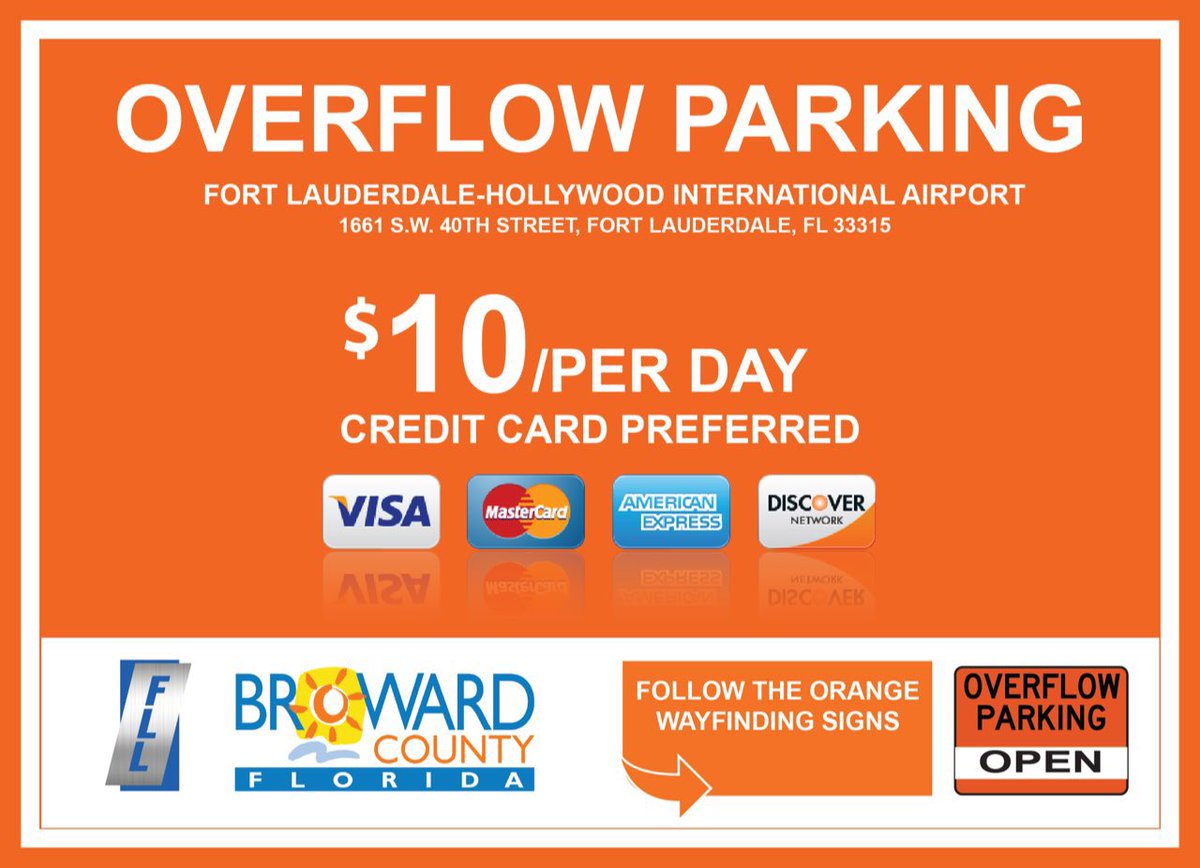 #ParkingAlert: #FLL's Overflow Parking Lot is now open due to peak #spring parking demand this weekend and our short-term & long-term parking garages are closed until further notice. Follow the orange wayfinding signs to our off-airport lot. Daily rate is $10 p/entry.