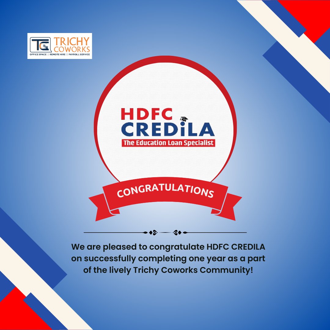 TrichyCoworks's tweet photo. It is with great pleasure that we extend our gratitude to HDFC CREDILA for successfully completing one year as a valued member of the Trichy Coworks Community 
#trichycoworks #officespace #coworkingspace #coworking #coworkinglife #cowork #startup #officespace #office https://t.co/eO5aEm6rQj