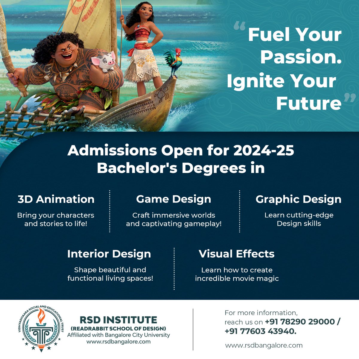 Fuel your Passion. Ignite your Future. Build a career in Animation, VFX, Graphic designing, UI UX, Motion Graphics, Interior Design. 

#rsdinstitute #animationdegrees #degreeinanimation #bachelorsdegree #degreeindesign  #bestanimationschool #animation