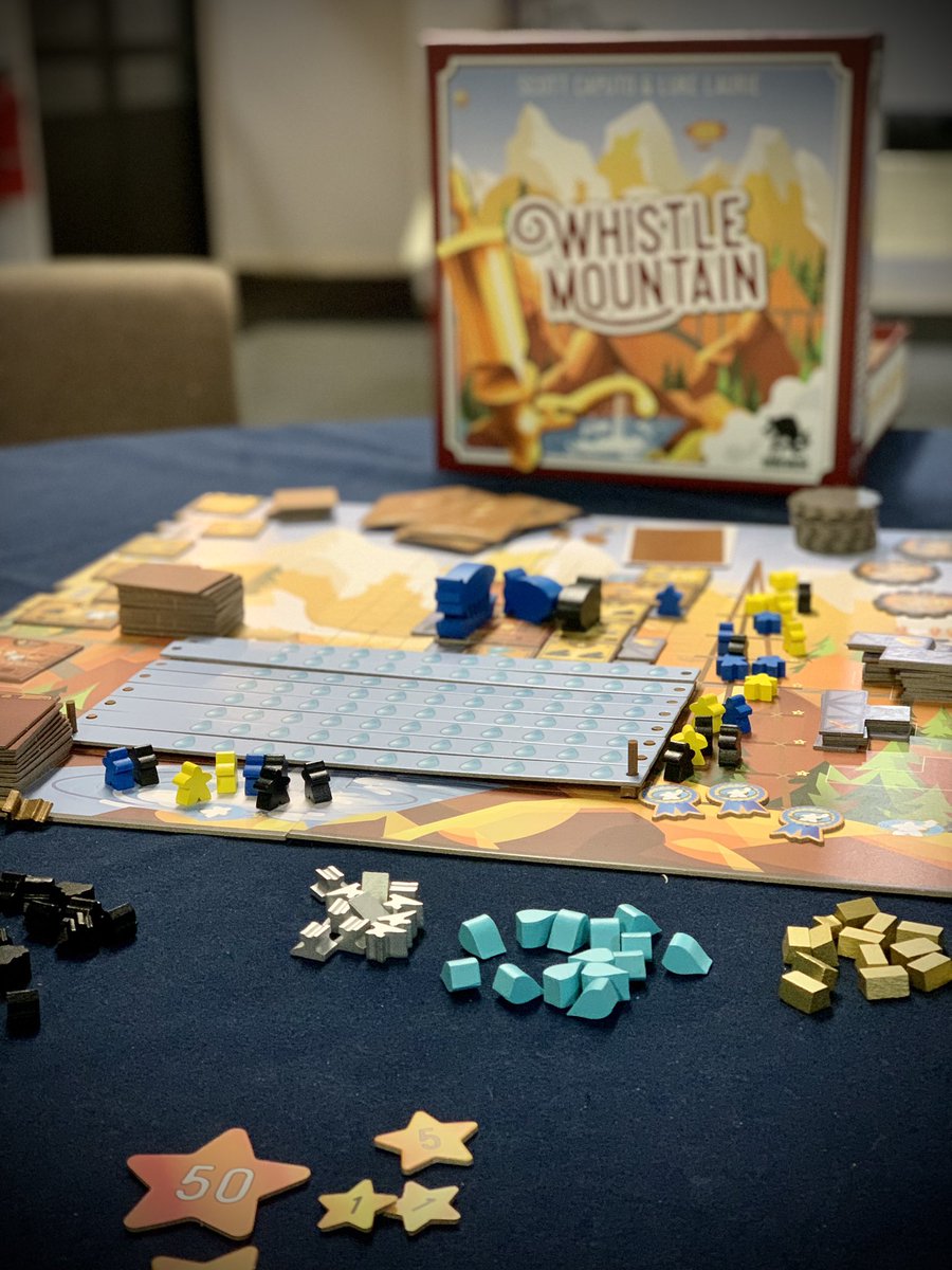 meeplenomics's tweet photo. Hey, Meeps! I’ll be highlighting some games we got to the table this week. Whistle Mountain, designed by Scott Caputo, Luke Laurie and published by @beziergames. I really enjoyed the dynamics of the game. Fly blimps, build machines and promote workers. A cool blend of mechanics! https://t.co/pU0eswTWeG