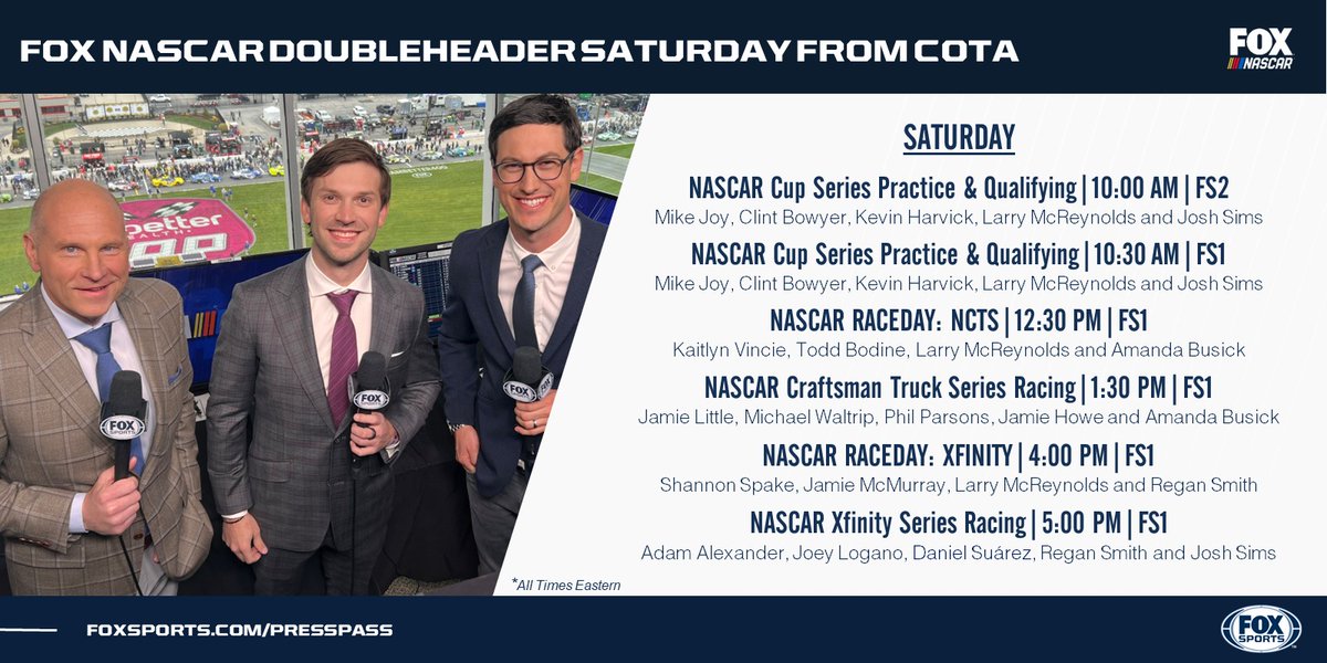 FOXSportsPR's tweet image. It’s a @NASCAR doubleheader packed with twists and turns today at @NASCARatCOTA in Austin. Don’t miss Cup Series practice &amp;amp; qualifying, followed by the @NASCAR_Trucks and @NASCAR_XFINITY Series races. @Daniel_SuarezG &amp;amp; @JoeyLogano join Adam Alexander in the NXS booth.