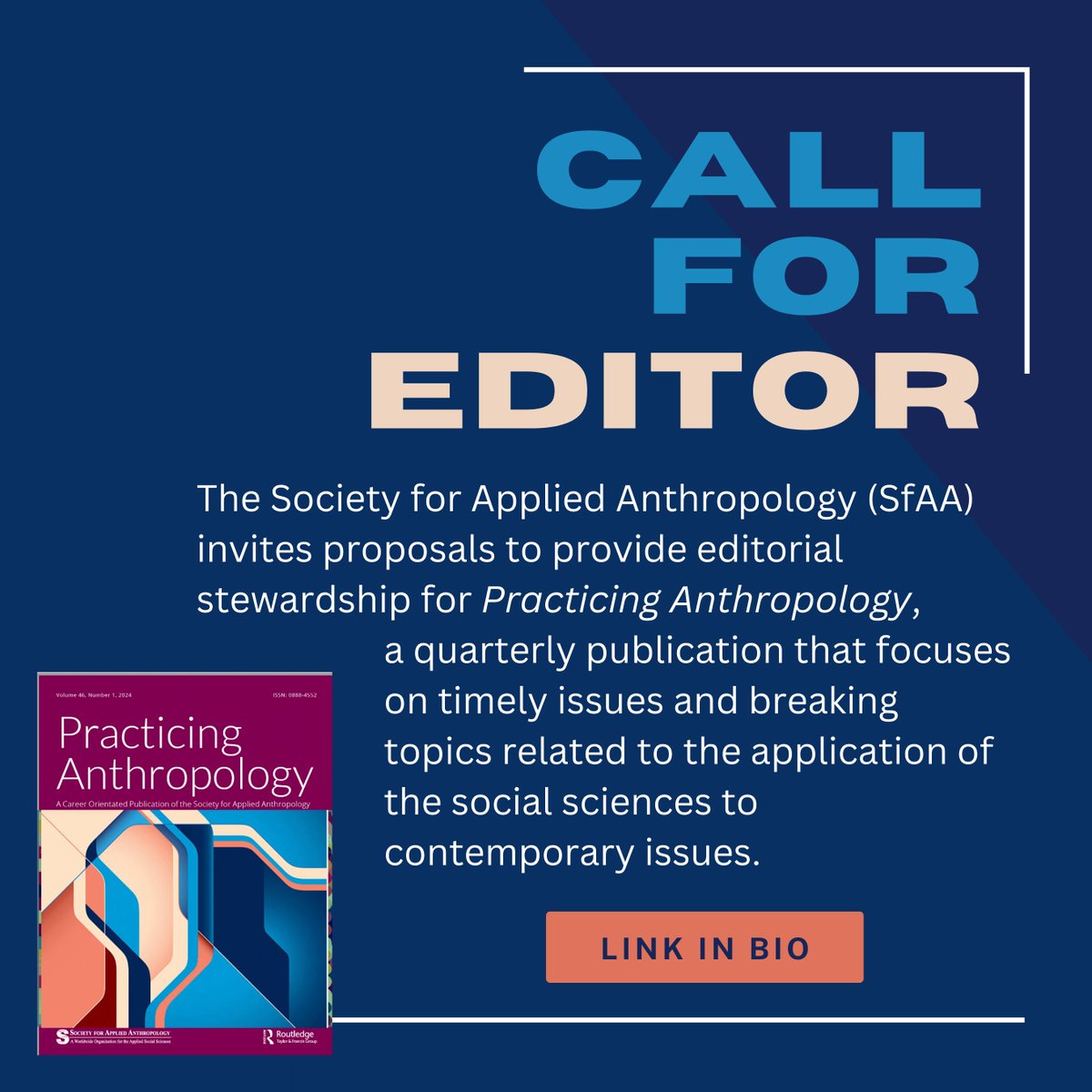 Society for Applied Anthro (@sfaanthro) on Twitter photo Practicing Anthropology Call For Editor(s): The Society for Applied Anthropology (SfAA) invites proposals to provide editorial stewardship for Practicing Anthropology (<a href="/PracticingAnth1/">Practicing Anthropology Journal</a>). More info: appliedanthro.org/publications/p…
#SfAA #appliedanthropology #PracticingAnthropology Practicing Anthropology Call For Editor(s): The Society for Applied Anthropology (SfAA) invites proposals to provide editorial stewardship for Practicing Anthropology (<a href="/PracticingAnth1/">Practicing Anthropology Journal</a>). More info: appliedanthro.org/publications/p…
#SfAA #appliedanthropology #PracticingAnthropology