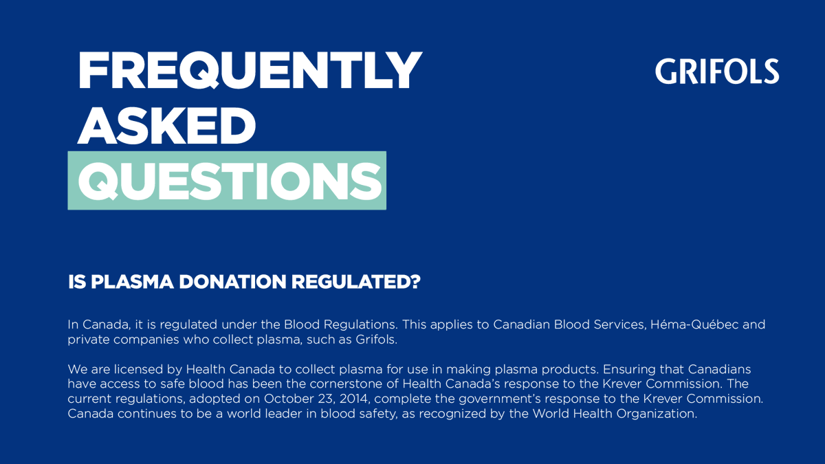 Is #plasma donation regulated in Canada? 🤔 Yes, it falls under the Blood Regulations for entities like Canadian Blood Services, Héma-Québec, and private companies. Health Canada licenses us to collect plasma for making plasma products. Learn more: giveplasma.ca