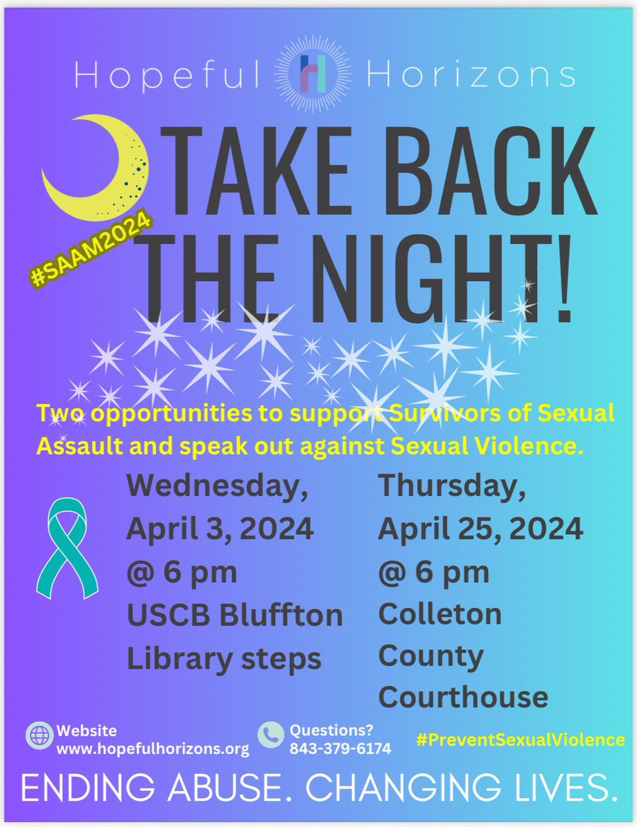 Come and join us for sexual assault awareness month. Take Back The Night is an annual event. You can join us at USCB or Colleton County Courthouse