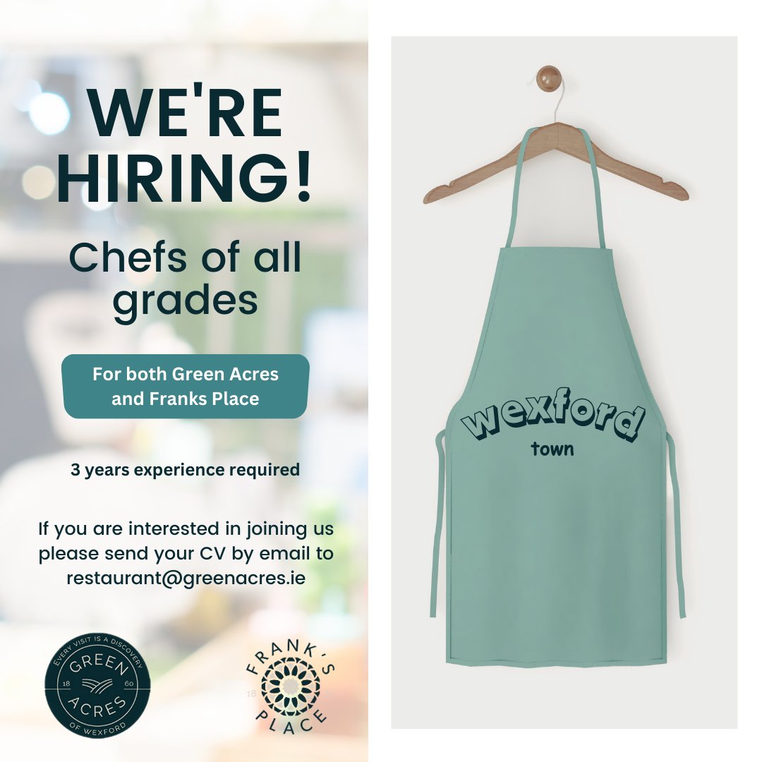 We are hiring Chefs (of all grades) for both Green Acres and Franks Place. If you have 3 or more years of experience and would like to join our team, you can have a chat with restaurant@greenacres.ie #hiringnow #chefslife #restaurants #greenacreswexford #JobFairy #wexfordtown
