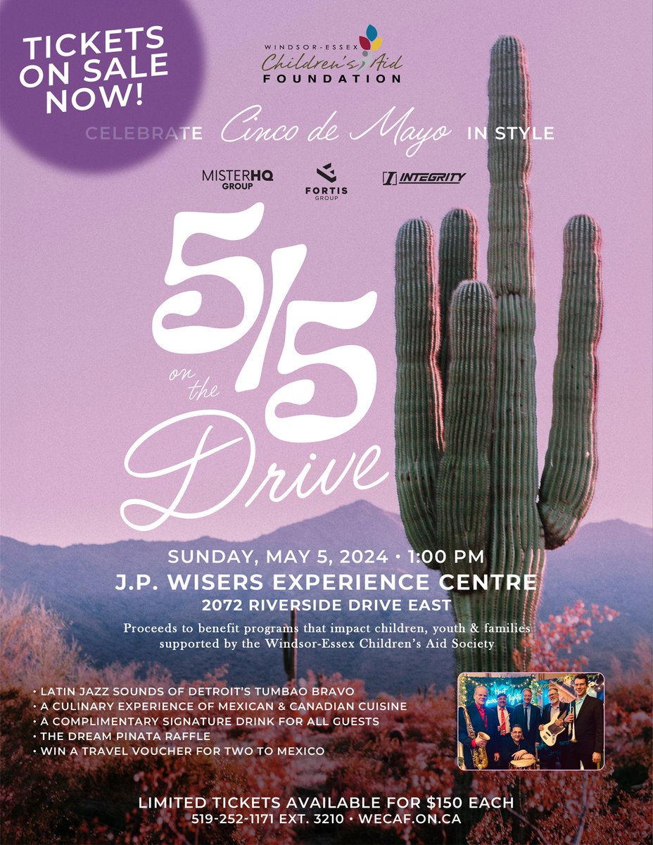 The Windsor-Essex Children’s Aid Foundation presents “5/5 on the Drive, A Celebration of Cinco de Mayo” our signature fundraising event. It'll be an afternoon of cultural cuisine, Latin sounds, raffle and prizes. Get your tickets now: wecaf.on.ca/signature-even…