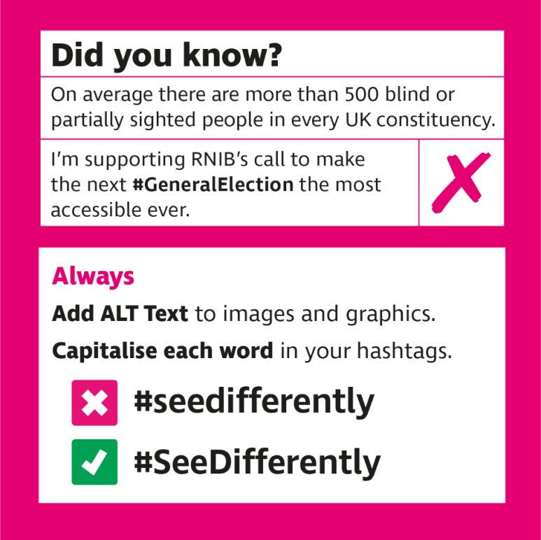 We want to make the next general election the most accessible ever. Our guide for candidates and party political campaigners has advice on how to make communications accessible for blind and partially sighted people. rnib.in/CampaignAccess… #AddAltText #CapYourHashtags