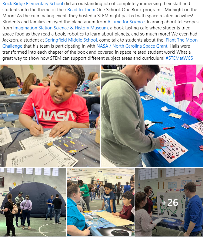 TheSTEMnerdette's tweet image. Rock Ridge Elementary had a blast at their STEM night that was the culminating event after reading their @readtothem One School, One Book Midnight on the Moon! Fantastic example of how #STEM can support our curriculum! #STEMatWCS