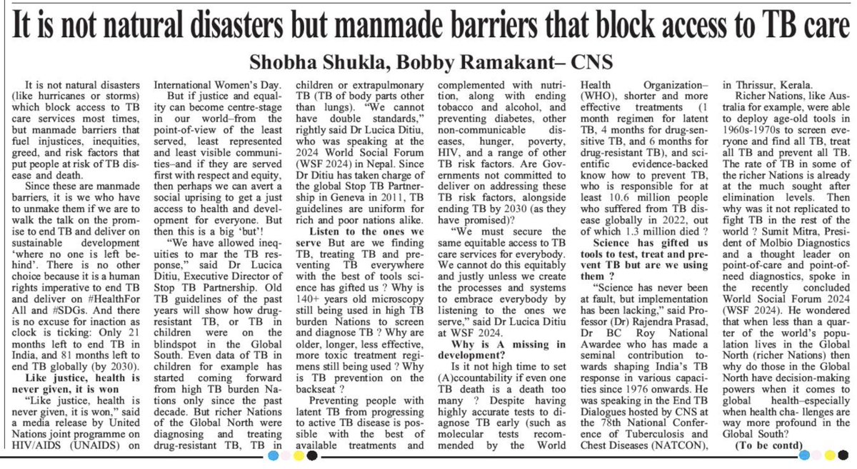 Part1 #PublishedToday

Why is 👉A👈 missing in #endTB response? Is it not high time to set #Accountability if even one TB death is a death too many?

✅Sangai Express
epaper.thesangaiexpress.com/index.php?edit…

✅CNS
citizen-news.org/2024/03/it-is-…

#TB #YesWeCanEndTB #findallTB #WorldTBDay #WorldTBDay2024