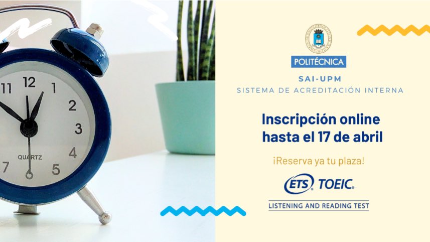 DLAplicada_UPM's tweet photo. 🗣️Reserva tu plaza para la prueba de acreditación #SAIUPM hasta el 17/4 #TOEIC

🔹Se realizará de forma presencial en @La_UPM el 9/5 (consultar info)

🔎Aquí te dejamos todos los detalles para vuestra consulta: https://t.co/0uQFuJRiYk

#SomosUPM
#DLAUPM
@biblioUPM
@Delegacion_UPM https://t.co/yyPW6PAGuZ