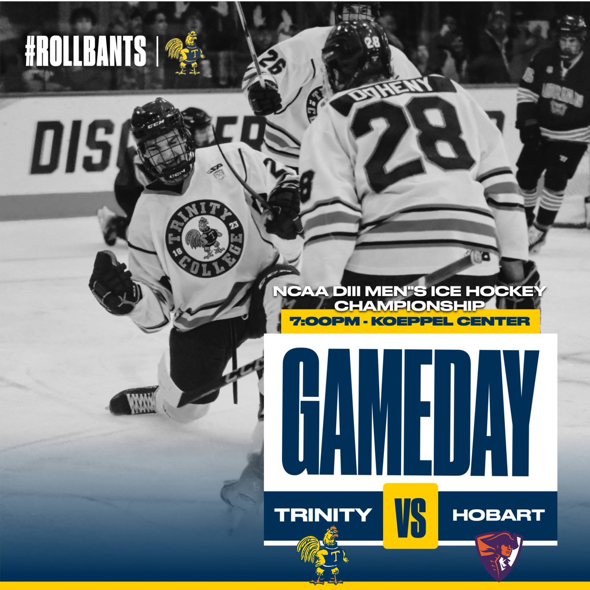 M🏒| Tonight at 7PM the Bantams will battle against Hobart College in the National Championship in Koeppel Community Center #RollBants🐓 🆚 @HWSAthletics 📍 Hartford, Conn. ⏰ 7:00PM 📺 ncaa.com/game/6284740 📊 bantamsports.com/sidearmstats/m…