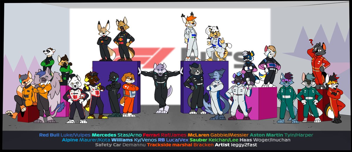 Look at all those speedy animal critters! A group picture for the F1 Furs Telegram Group, featuring 22 of our 300+ members! It was a pleasure and an honour to draw so many cool characters <3