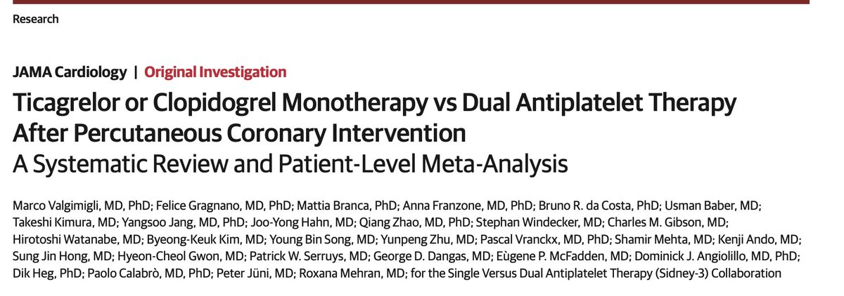 Ticagrelor or Clopidogrel Monotherapy vs Dual Antiplatelet Therapy After Percutaneous Coronary InterventionA Systematic Review and Patient-Level Meta-Analysis: @JAMACardio 

🥸 Good morning: more on SAPT monotherapy vs DAPT 

😱Summary 

👇👇👇