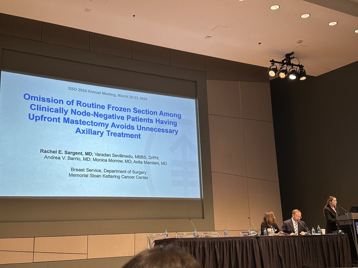anitamamtani's tweet photo. Omission of frozen sections at upfront mastectomy reduces overtreatment with ALND + PMRT! Fantastic presentation by MSKCC breast fellow Dr Rachel Sargent @SocSurgOnc @MSKCancerCenter @MSKCC_BreastCA @AndreaBarrio7 #SSO2024 https://t.co/9wJRhzpOkW