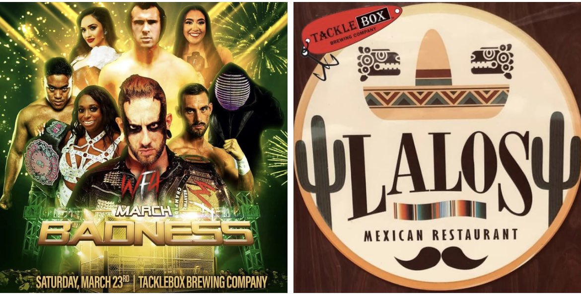 Live Wrestling starting at 7 pm! Lalos starting at 4:30! Darts and cornhole are closed today. Taproom is open at noon. Pool, shuffleboard and other games are all open. We are expecting a sold out crowd tonight! Grab your tickets! Please park behind us tonight!