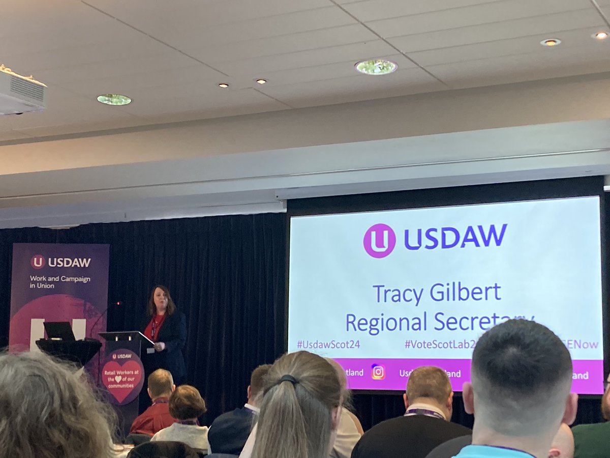 Tracy Gilbert, Regional Secretary, addresses a packed room as our #UsdawScotland political conference gets underway. Our theme for the weekend is ‘Usdaw for a Labour Win’. #UsdawScot24 #VoteScotLab24 #GENow