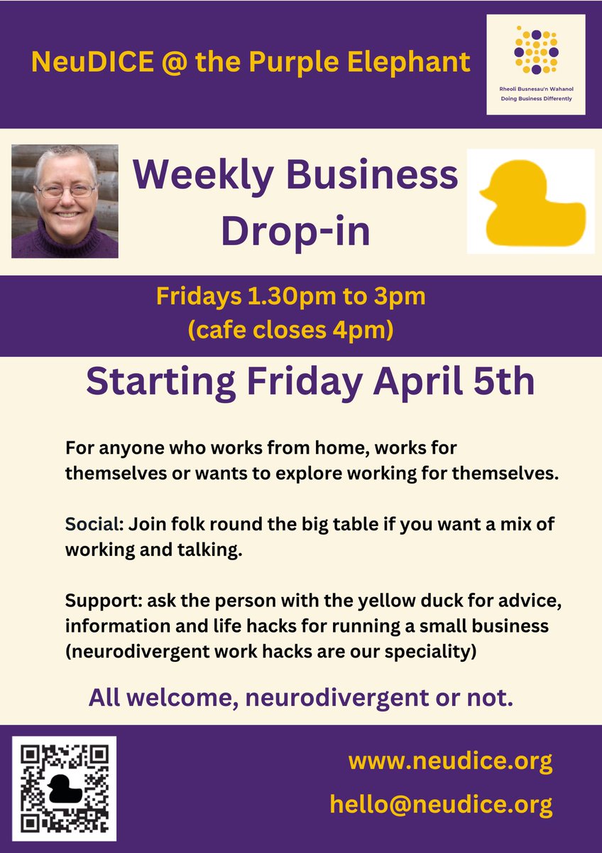 #Swansea Starting Friday 5th April, 1.30-3pm, weekly drop-in at Purple Elephant Cake & Cafe in Clase. Car park & on bus route (and it’s an Anne-friendly environment - airy, spacious, reasonable acoustics, reasonable lighting, strong coffee). #DoingBusinessDifferently