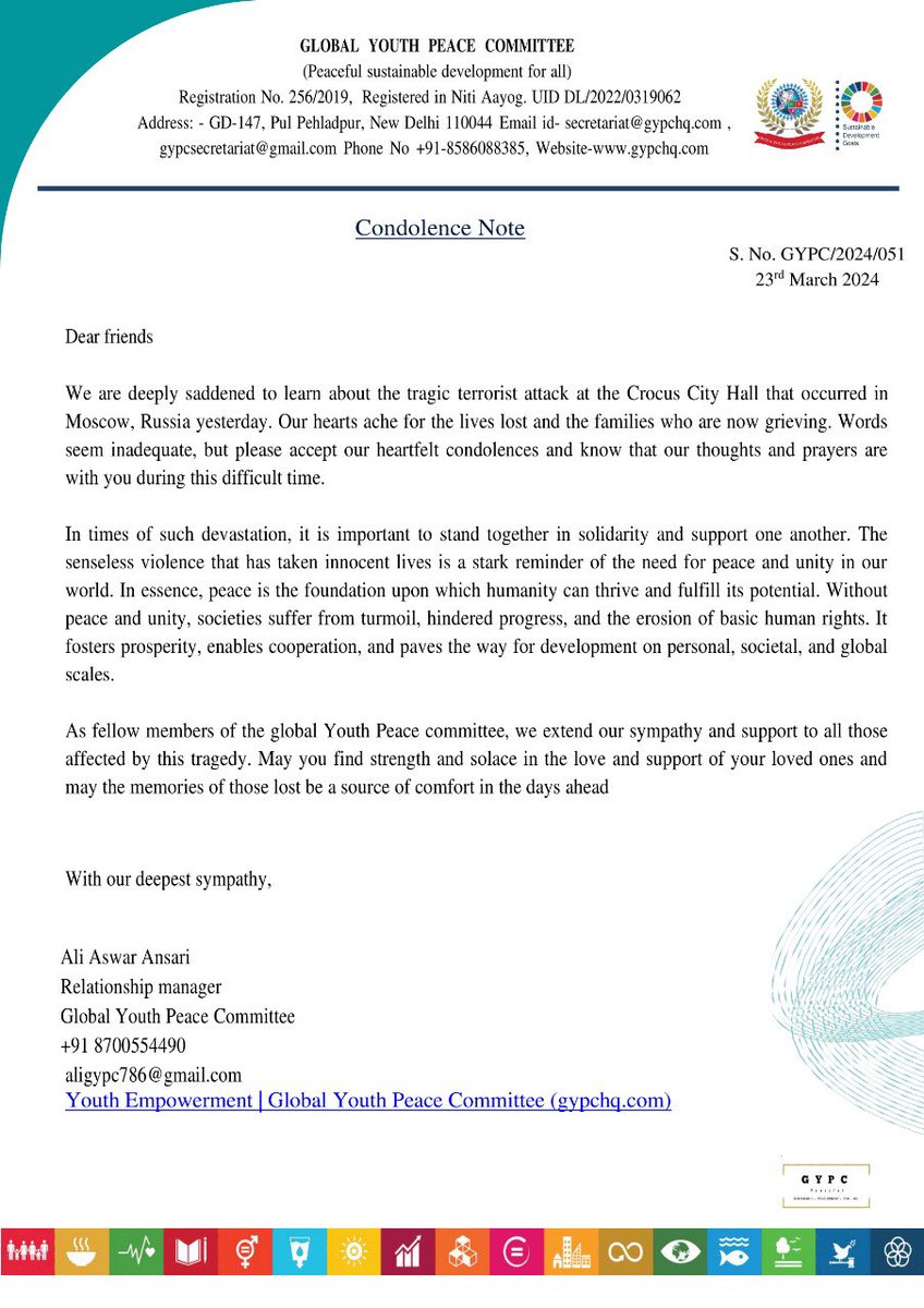 G_Committee's tweet image. Deepest condolences go out to all those affected by the tragedy in Moscow, Russia. Our thoughts are with the victims and their families during this difficult time. May they find strength, solace, and support in the midst of such sorrow.