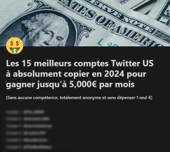 La liste des 15 meilleurs comptes Twitter US à copier. 🤑

Ils gagnent TOUS plus de 50,000$ par AN.

Copiez ces comptes Twitter en France pour gagner jusqu’à 5000€ par mois. 🧠

RT + commente « COMPTES » pour avoir la liste en DM.

GRATUITEMENT.

(Tu dois me follow ✅)