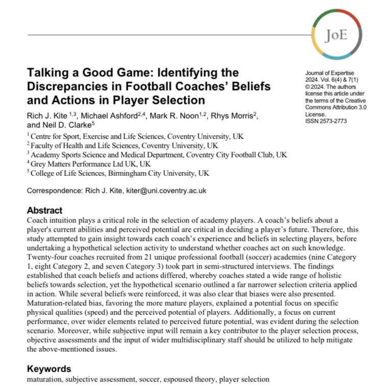 Talking a Good Game: Identifying the Discrepancies in Football Coaches’ Beliefs and Actions in Player Selection. Download your version of our latest paper below. Many thanks to @Clarke_ND @MAGreyMattersUK @mark_mrnoon and Rhys Morris. journalofexpertise.org/articles/volum…