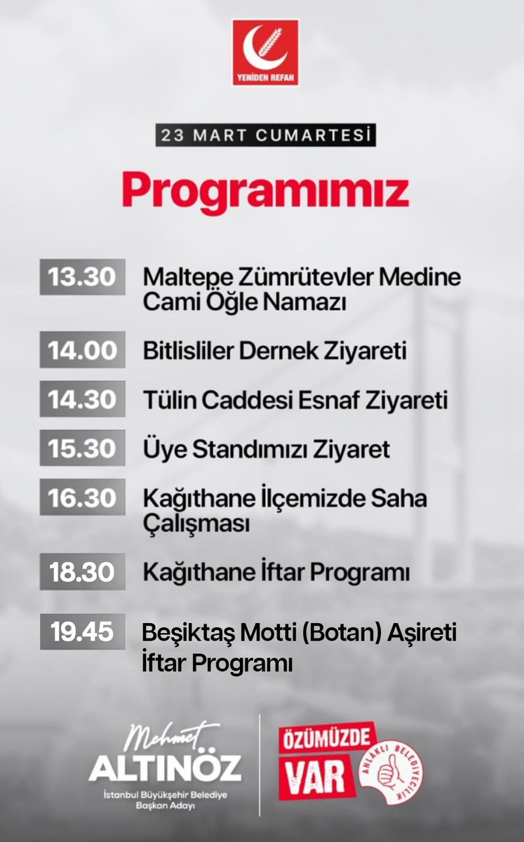 Aşiretimiz Yeniden Refah Partisi'ne  2 aylık istişareler sonucunda Yerel seçimde destekleme kararı aldı
Bugün Sayın Mehmet Altınöz reinle Refah Partisi milletvekilleri iftar yemeğimize olacaklar bütün halkımız da davetlidir <a href="/refahist/">Yeniden Refah İstanbul</a> <a href="/MehmedAltinoz/">Mehmet Altınöz</a> <a href="/ErbakanFatih/">Dr. Fatih Erbakan</a>
<a href="/CihadRahmi_Akar/">Cihad Rahmi AKAR</a>
