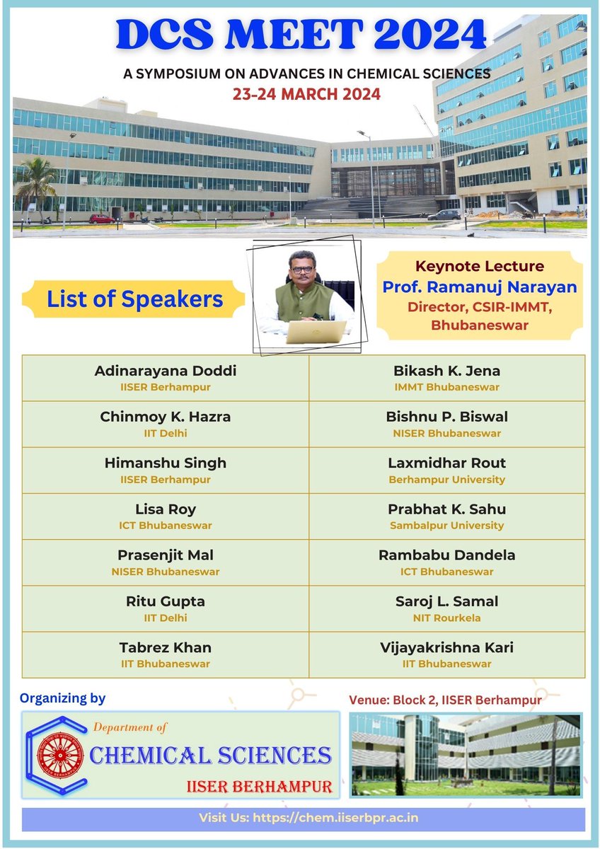 IISER Berhampur is organizing DCS Meet, 2024. Check out the full list of speakers. #IISERBerhampur #Chemistry #DCS #Symposium
