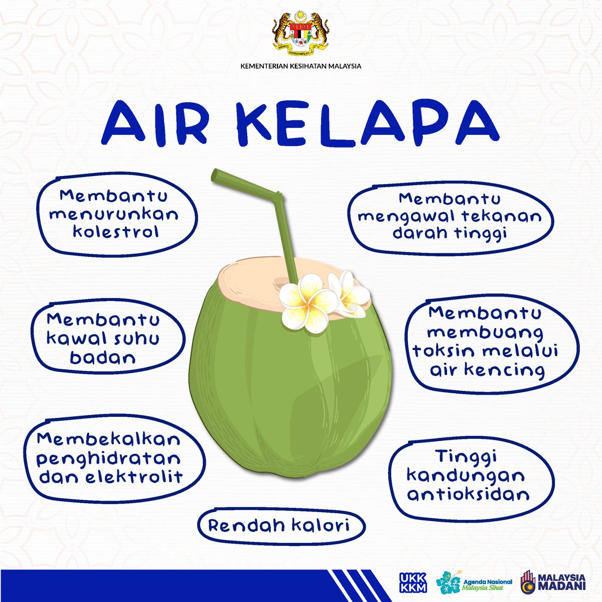 KKMPutrajaya's tweet photo. 🥤Minuman yang dikatakan sebagai “penyejuk badan” ini sangat mudah diperolehi di Malaysia dan yang mempunyai kebaikan untuk diamalkan khasnya ketika cuaca panas.

🥥Air kelapa mengandungi rendah kalori dan membekalkan pelbagai vitamin dan mineral semulajadi kepada tubuh badan.

❌ Sebaik-baiknya elakkan daripada menambah gula agar lebih memberi manfaat kepada tubuh badan.