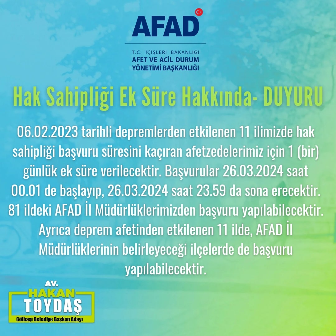 Hak Sahipliği Ek Süre Hakkında- DUYURU 06.02.2023 tarihli depremlerden etkilenen 11 ilimizde hak sahipliği başvuru süresini kaçıran afetzedelerimiz için 1 (bir) günlük ek süre verilecektir. Başvurular 26.03.2024 saat 00.01 de başlayıp, 26.03.2024 saat 23.59 da sona erecektir.