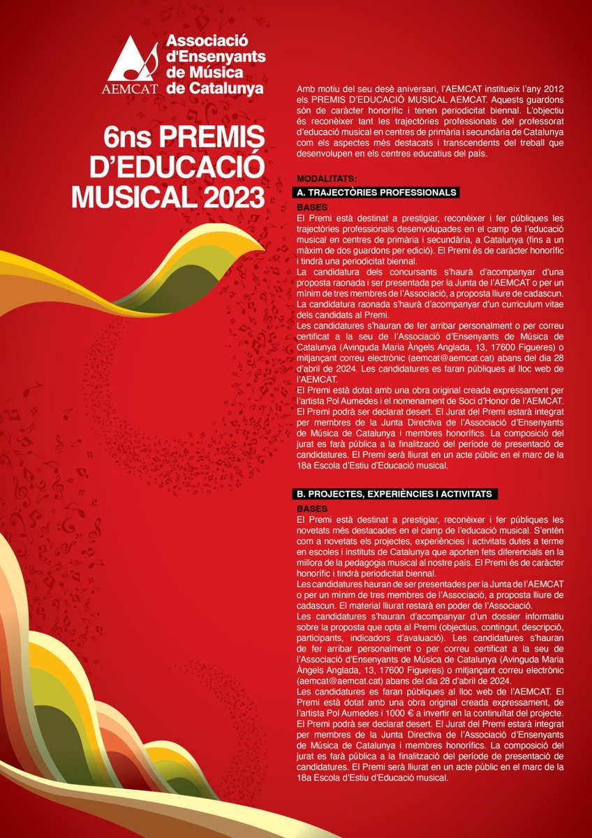 6ns Premis AEMCAT d'educació musical. Us animem a presentar les vostres candidatures, especialment en l'apartat de projectes educatius, que com veureu a les bases té una dotació econòmica de 1000€. Enviament de propostes abans del 28 d'abril.