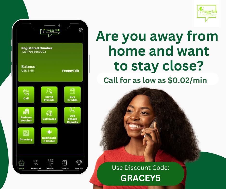 It’s a good weekend to make international calls to your loved ones back home with FroggyTalk. 

Call for as low as $0.02/min and enjoy and a 5% discount when you use the code GRACEY5 to top up. Download the app here: link-to.app/AHA423kdwG