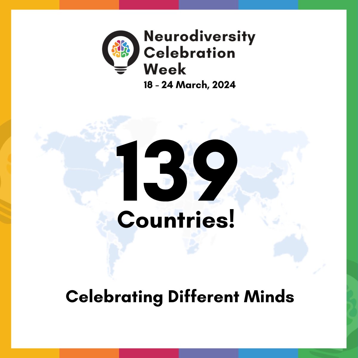 It's Day 6 of #NeurodiversityCelebrationWeek 2024! 🎉 #NCW has now reached over 139 countries (and counting!), and it has been incredible to see thousands of people around the world celebrating different minds this week🌟 neurodiversityweek.com #NeurodiversityWeek #ThisIsND