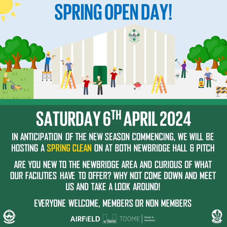NewbridgeCLG's tweet photo. 🇳🇬 𝗦𝗣𝗥𝗜𝗡𝗚 𝗢𝗣𝗘𝗡 𝗗𝗔𝗬

In anticipation of the new season, we will be hosting an Open Day and Spring Clean at both Newbridge hall and pitch.

Are you new to the area and curious of what our facilities have to offer? Why not come down and take a look for yourself! https://t.co/OgHzvL7N3V