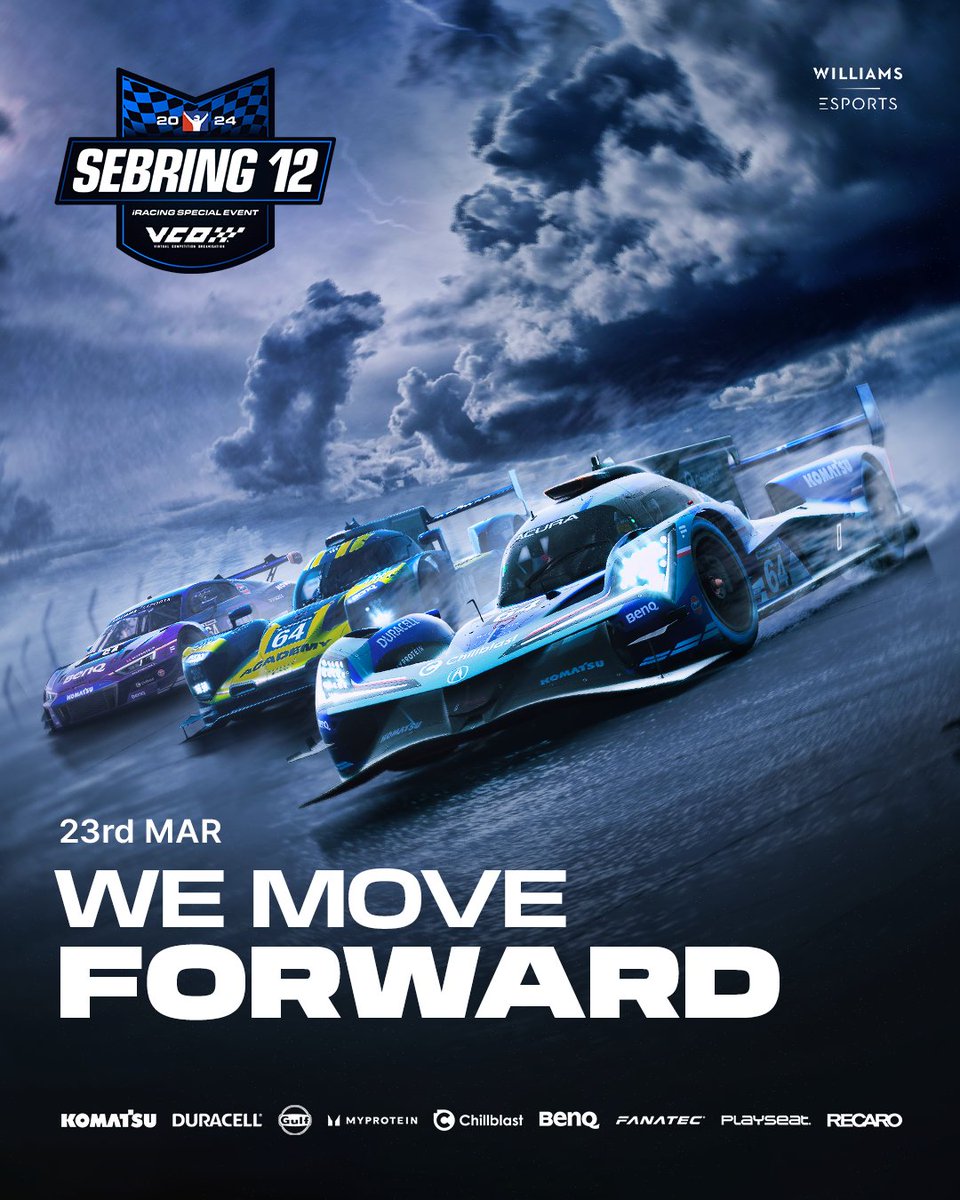 THE STORM HAS ARRIVED. @iRacing's 3rd special event of the year and the first with rain, let's go racing at Sebring with @vcoesports! 🌧️🇺🇲 📺 twitch.tv/williamsesports - 1230 UK #WilliamsEsports #WeAreWilliams #SimRacing #iRacing #Sebring