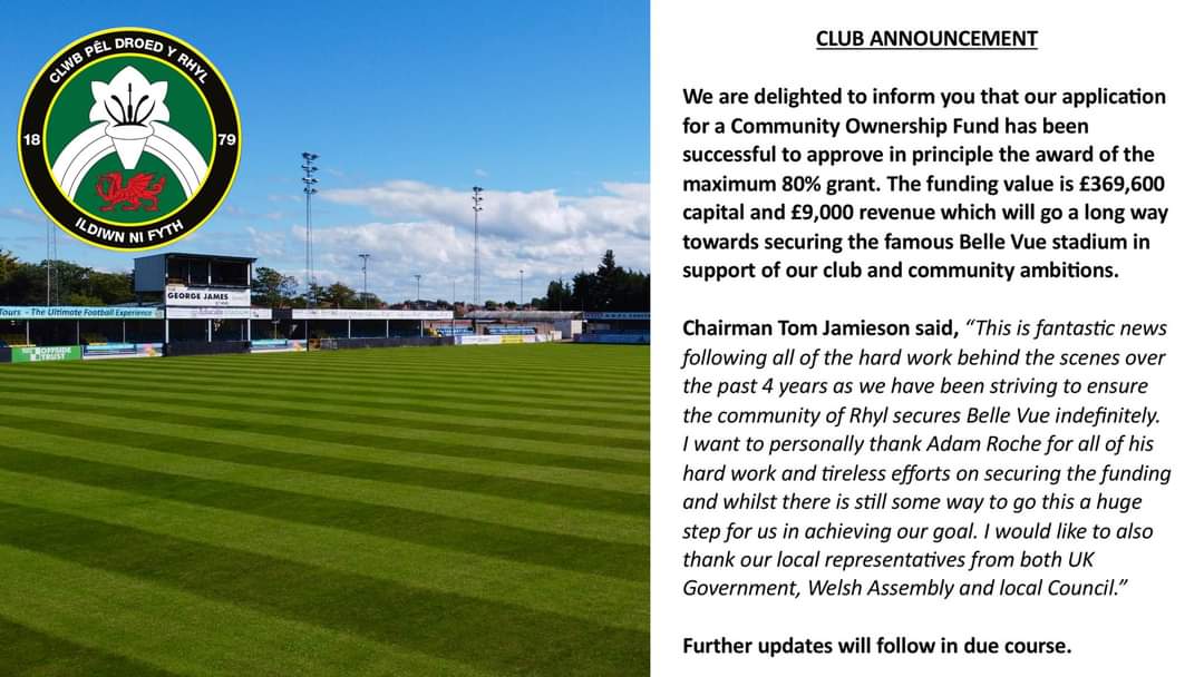 ⚽️ Great news for the future of @rhylfc, as HM Government's latest UK Community Ownership awards them £378,600. 🥅 It is hoped this will allow the purchase of the Belle Vue grounds to secure their future. jamesdavies.org.uk/news/rhyl-foot…